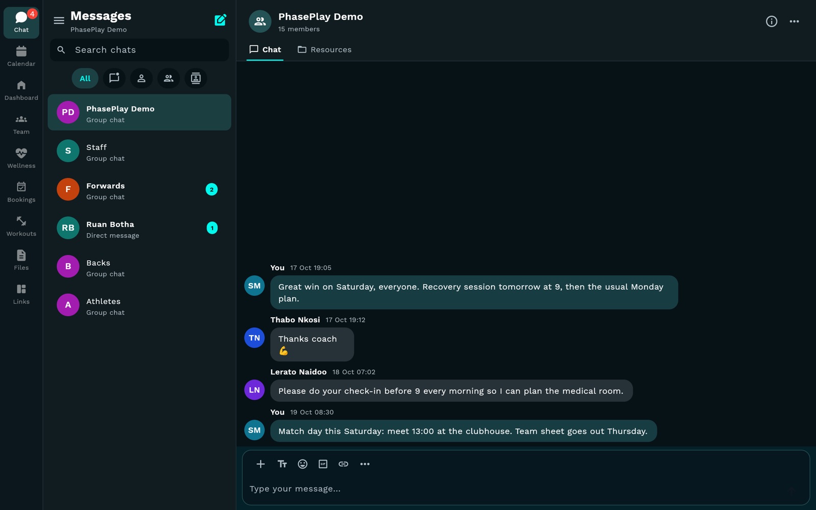 The team group chat with messages from the coach, a player and the physio